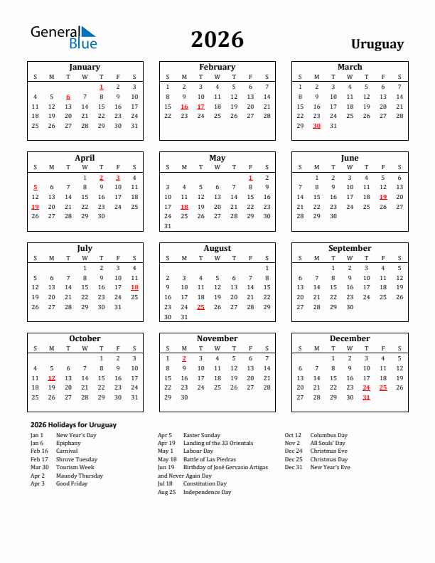 2026 Uruguay Holiday Calendar - Sunday Start