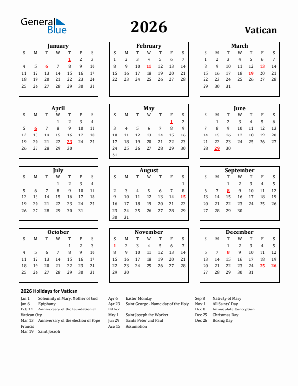 2026 Vatican Holiday Calendar - Sunday Start