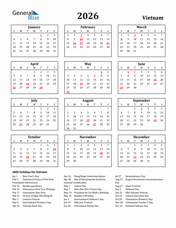 2026 Vietnam Holiday Calendar - Sunday Start