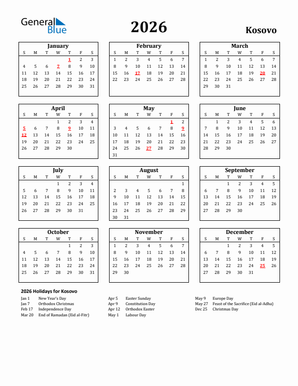 2026 Kosovo Holiday Calendar - Sunday Start
