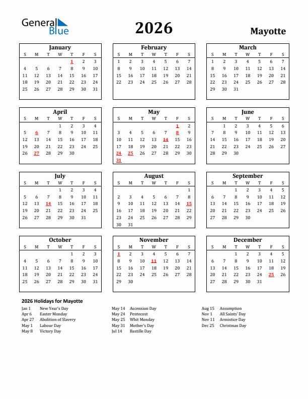 2026 Mayotte Holiday Calendar - Sunday Start