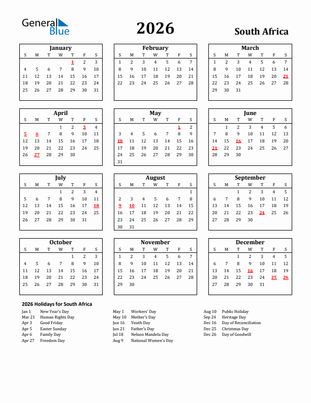2026 South Africa Holiday Calendar - Sunday Start