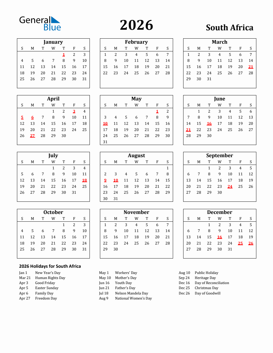 Free Printable 2026 South Africa Holiday Calendar