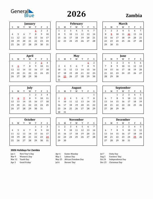 2026 Zambia Holiday Calendar - Sunday Start