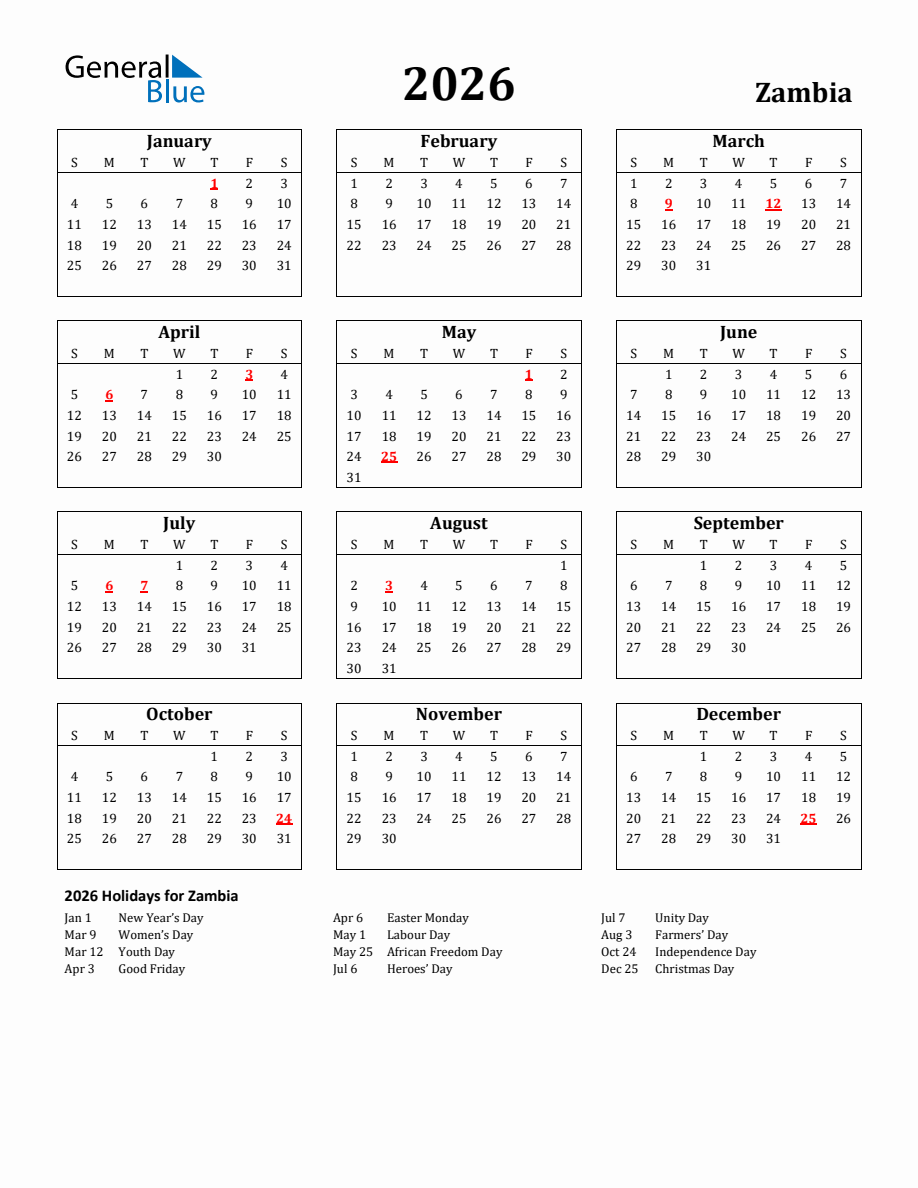 Free Printable 2026 Zambia Holiday Calendar