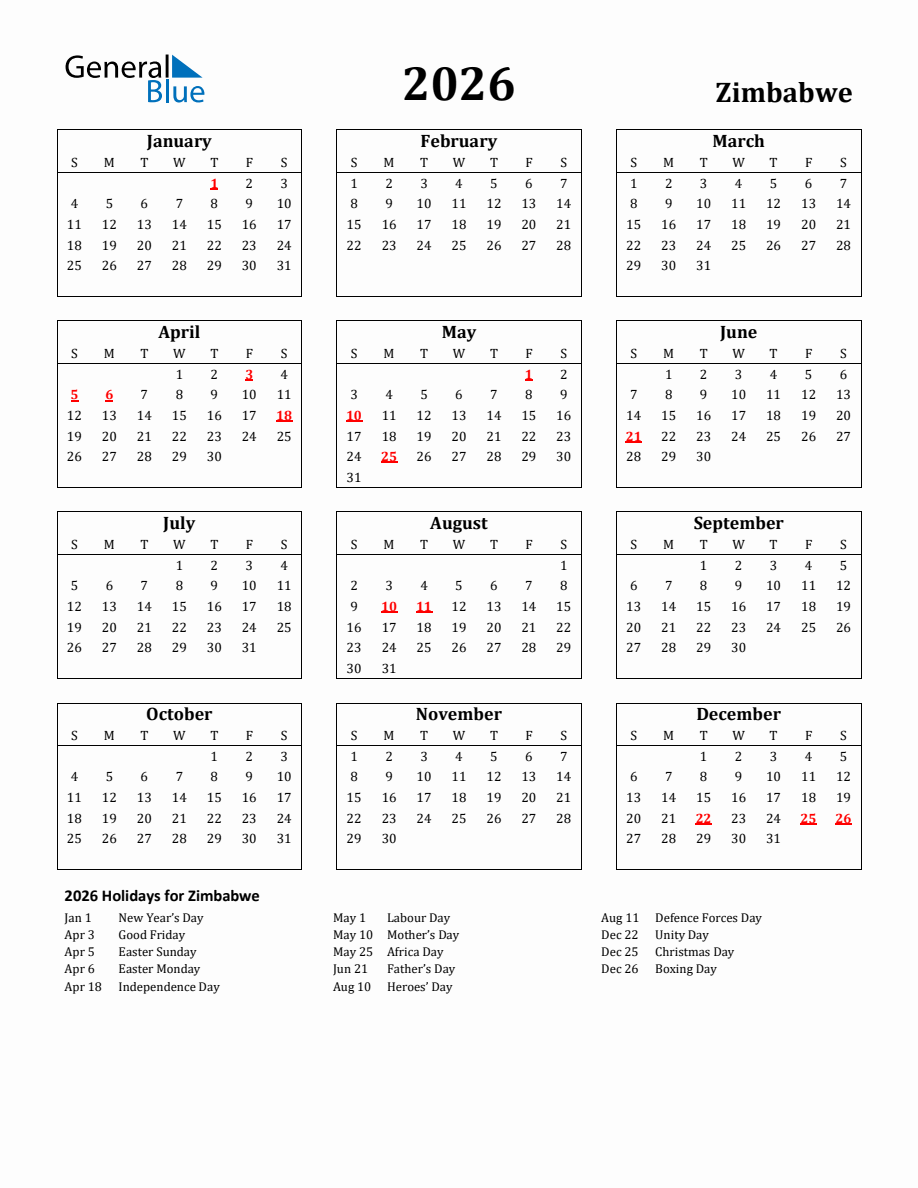 Free Printable 2026 Zimbabwe Holiday Calendar