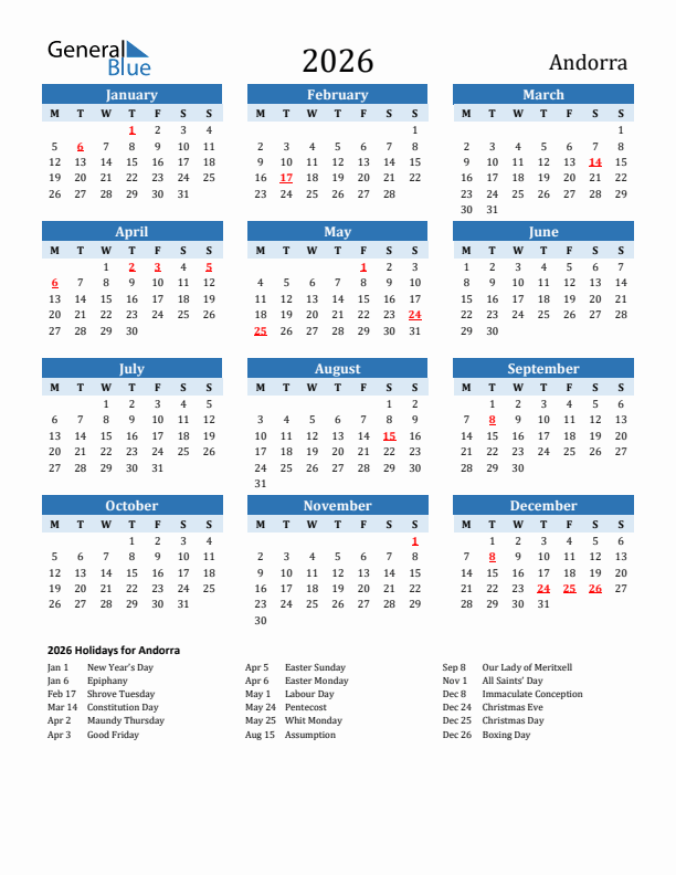 Printable Calendar 2026 with Andorra Holidays (Monday Start)