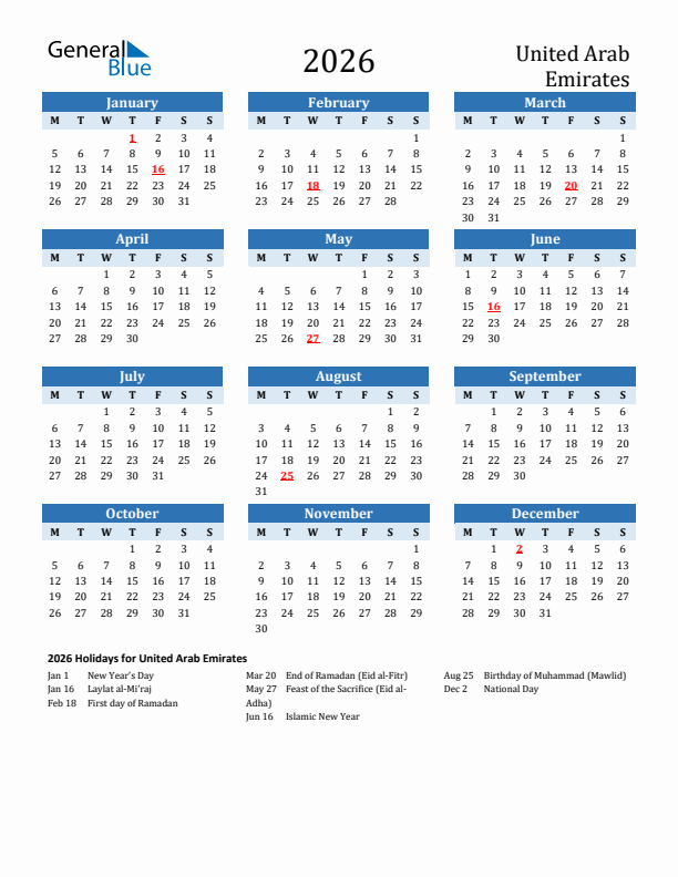 Printable Calendar 2026 with United Arab Emirates Holidays (Monday Start)