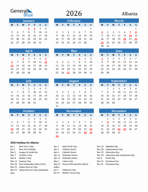 Printable Calendar 2026 with Albania Holidays (Monday Start)