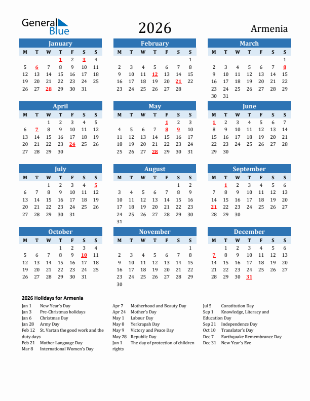 Printable Calendar 2026 with Armenia Holidays (Monday Start)