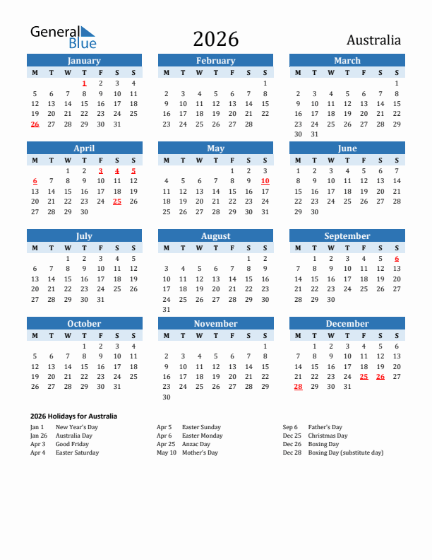 Printable Calendar 2026 with Australia Holidays (Monday Start)