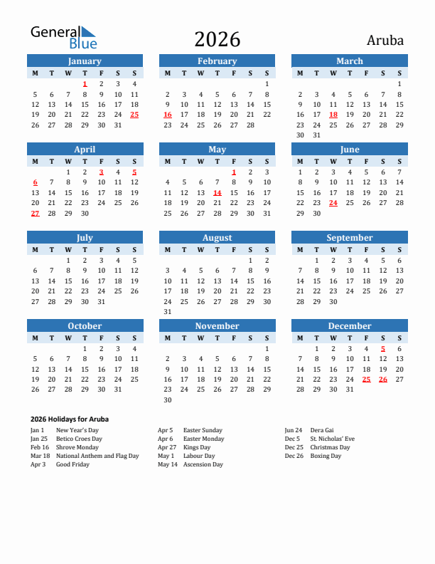 Printable Calendar 2026 with Aruba Holidays (Monday Start)