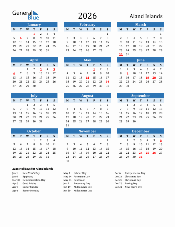 Printable Calendar 2026 with Aland Islands Holidays (Monday Start)
