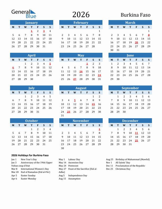 Printable Calendar 2026 with Burkina Faso Holidays (Monday Start)