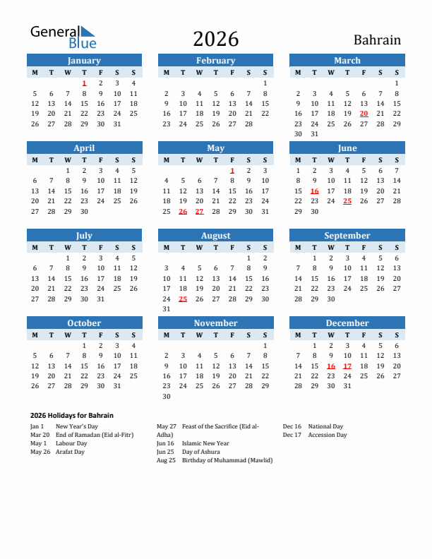Printable Calendar 2026 with Bahrain Holidays (Monday Start)