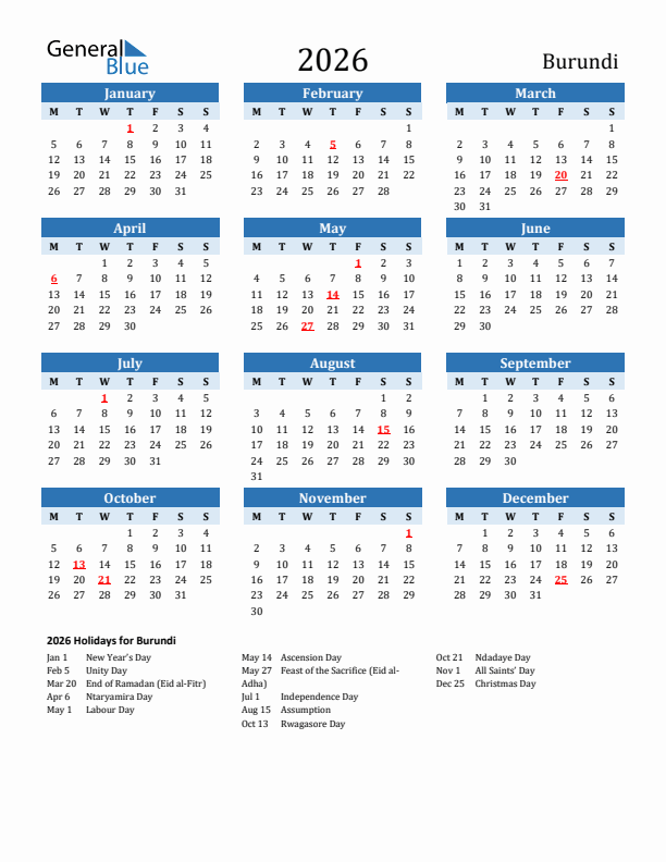 Printable Calendar 2026 with Burundi Holidays (Monday Start)