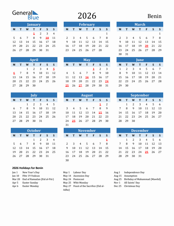 Printable Calendar 2026 with Benin Holidays (Monday Start)