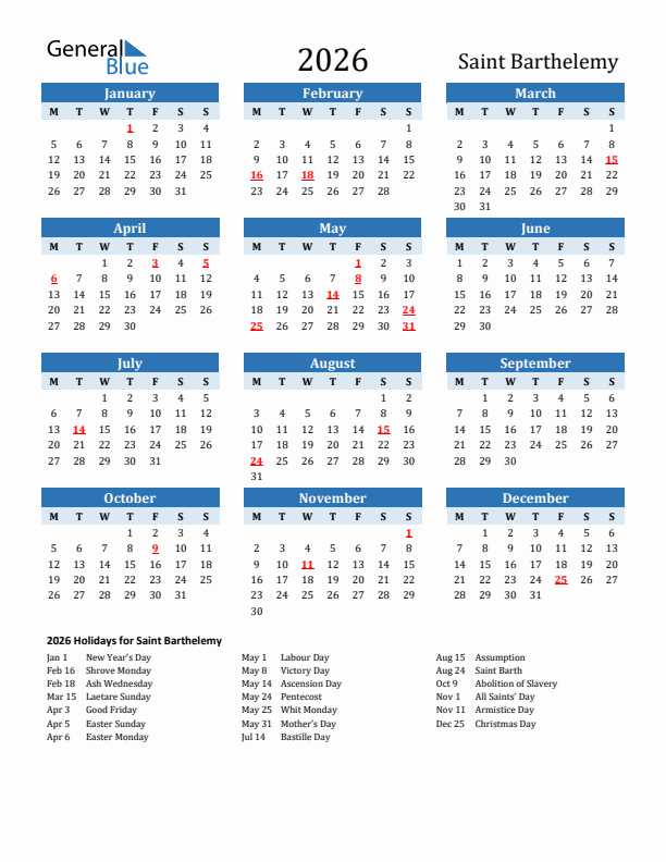 Printable Calendar 2026 with Saint Barthelemy Holidays (Monday Start)