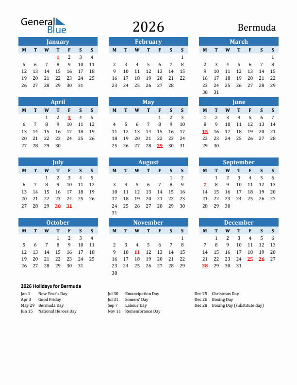 Printable Calendar 2026 with Bermuda Holidays (Monday Start)