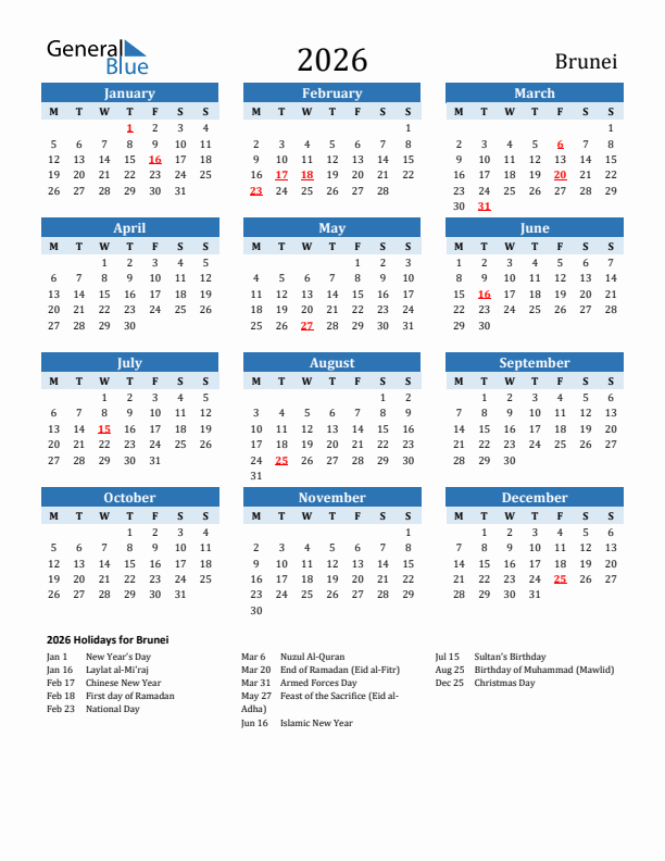 Printable Calendar 2026 with Brunei Holidays (Monday Start)