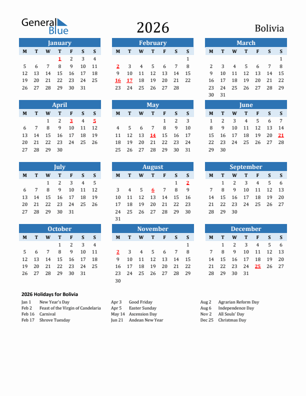 Printable Calendar 2026 with Bolivia Holidays (Monday Start)