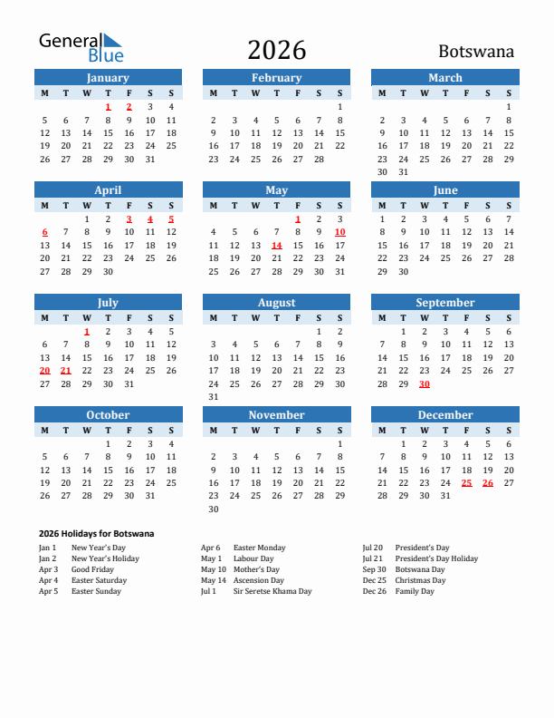 Printable Calendar 2026 with Botswana Holidays (Monday Start)