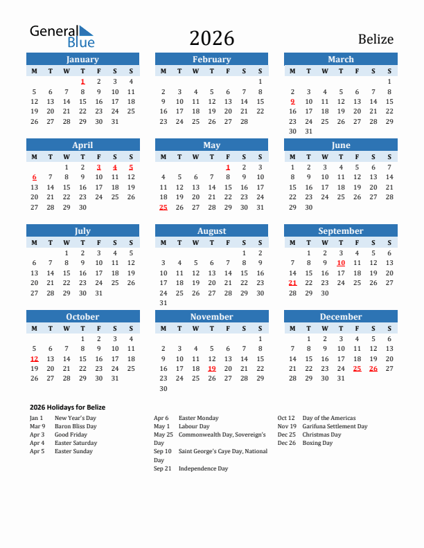 Printable Calendar 2026 with Belize Holidays (Monday Start)