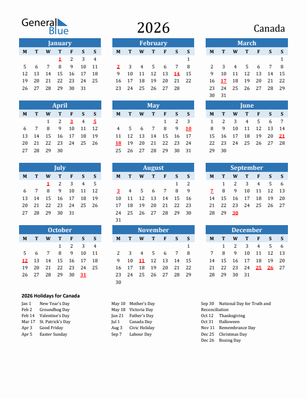 Printable Calendar 2026 with Canada Holidays (Monday Start)