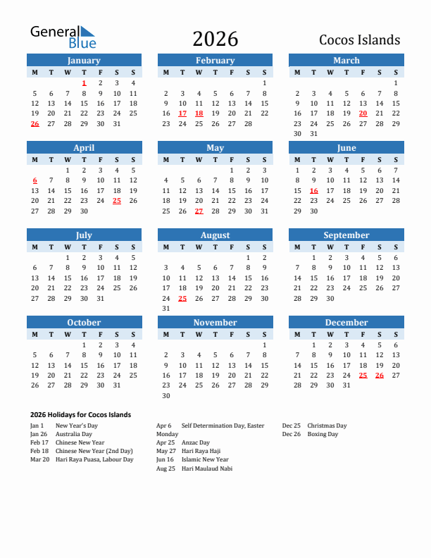 Printable Calendar 2026 with Cocos Islands Holidays (Monday Start)