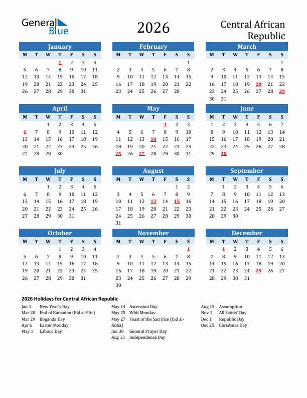 Printable Calendar 2026 with Central African Republic Holidays (Monday Start)
