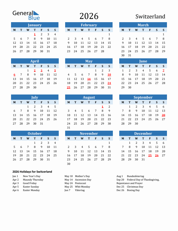 Printable Calendar 2026 with Switzerland Holidays (Monday Start)