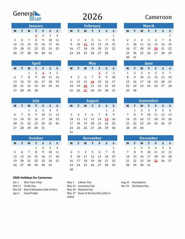 Printable Calendar 2026 with Cameroon Holidays (Monday Start)