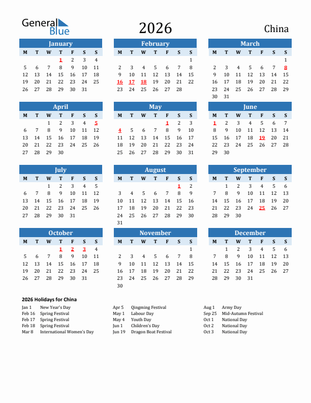 Printable Calendar 2026 with China Holidays (Monday Start)