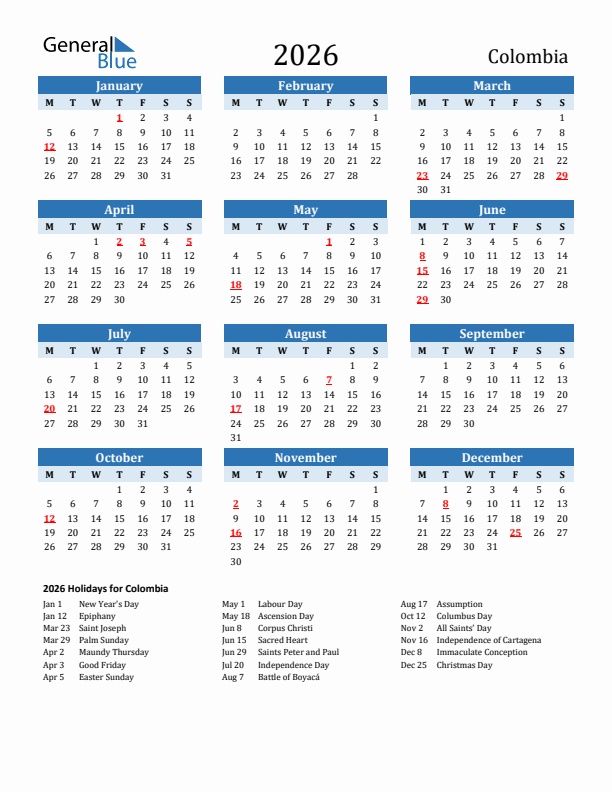 Printable Calendar 2026 with Colombia Holidays (Monday Start)
