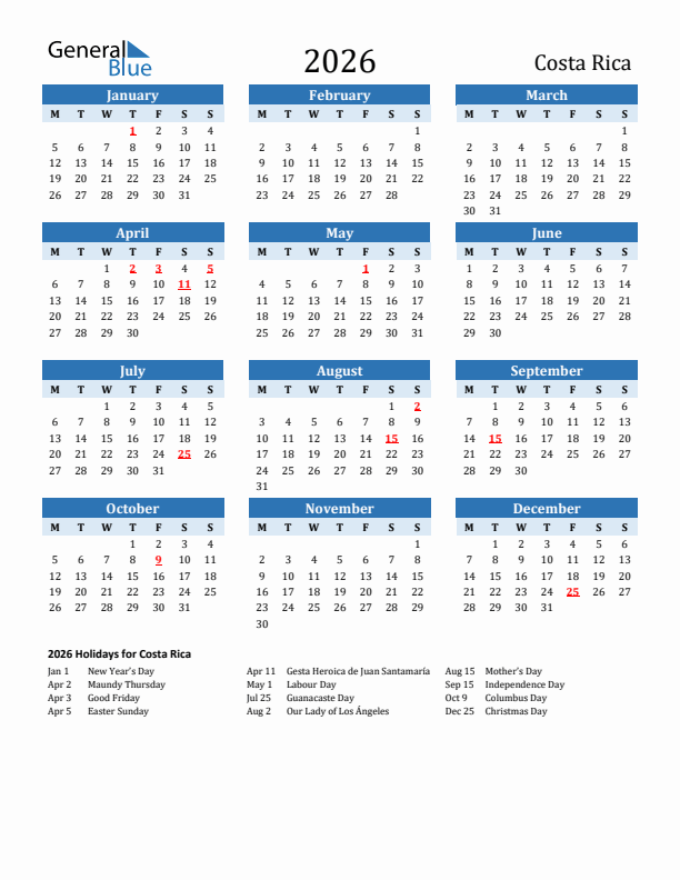 Printable Calendar 2026 with Costa Rica Holidays (Monday Start)
