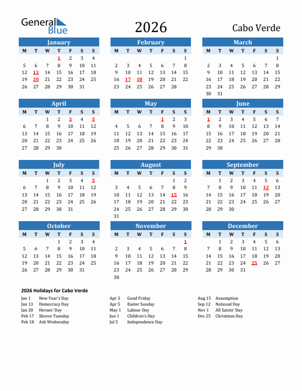 Printable Calendar 2026 with Cabo Verde Holidays (Monday Start)