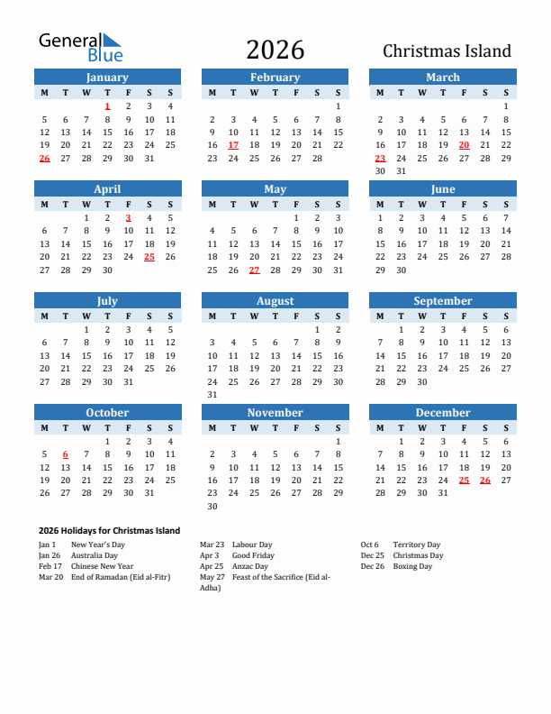 Printable Calendar 2026 with Christmas Island Holidays (Monday Start)