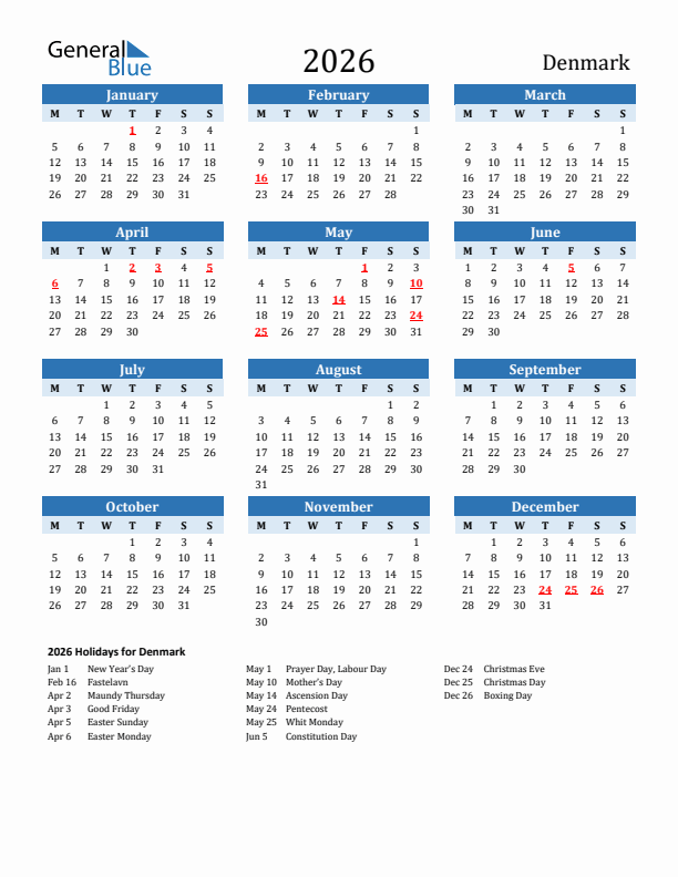 Printable Calendar 2026 with Denmark Holidays (Monday Start)