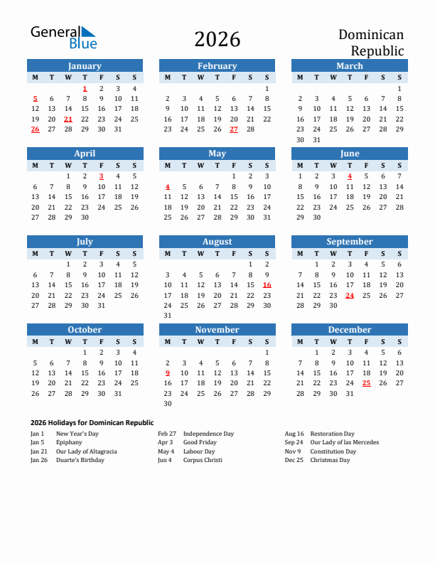 Printable Calendar 2026 with Dominican Republic Holidays (Monday Start)