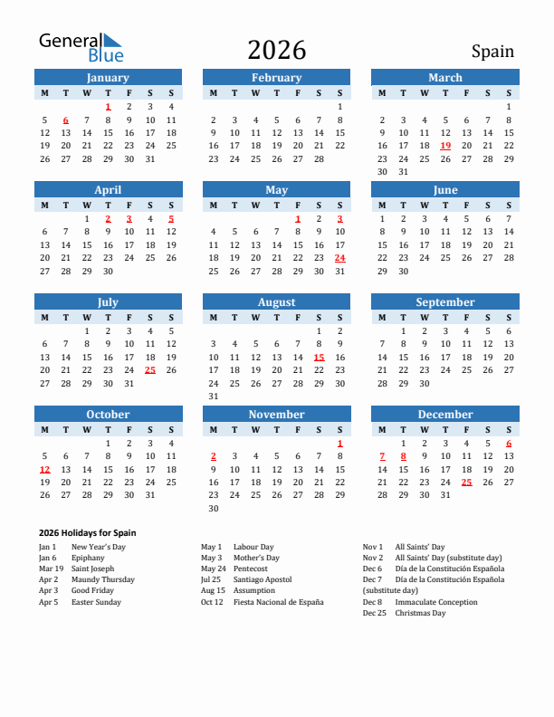 Printable Calendar 2026 with Spain Holidays (Monday Start)