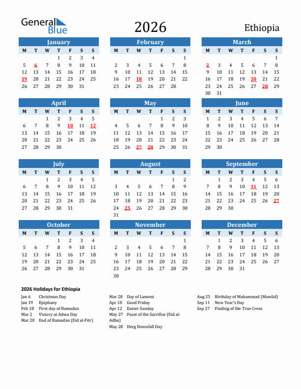 Printable Calendar 2026 with Ethiopia Holidays (Monday Start)