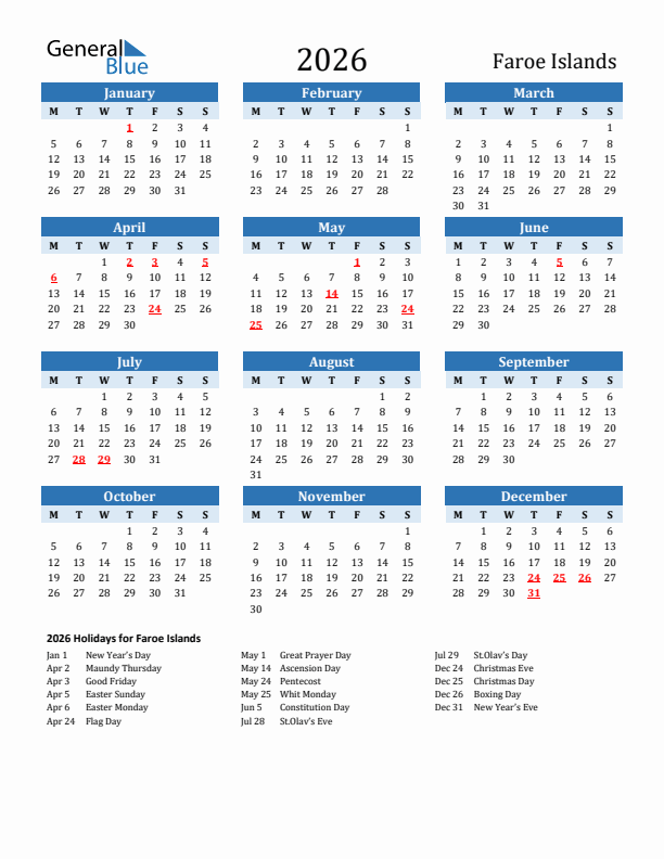 Printable Calendar 2026 with Faroe Islands Holidays (Monday Start)
