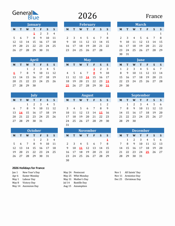 Printable Calendar 2026 with France Holidays (Monday Start)
