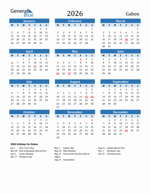 Printable Calendar 2026 with Gabon Holidays (Monday Start)