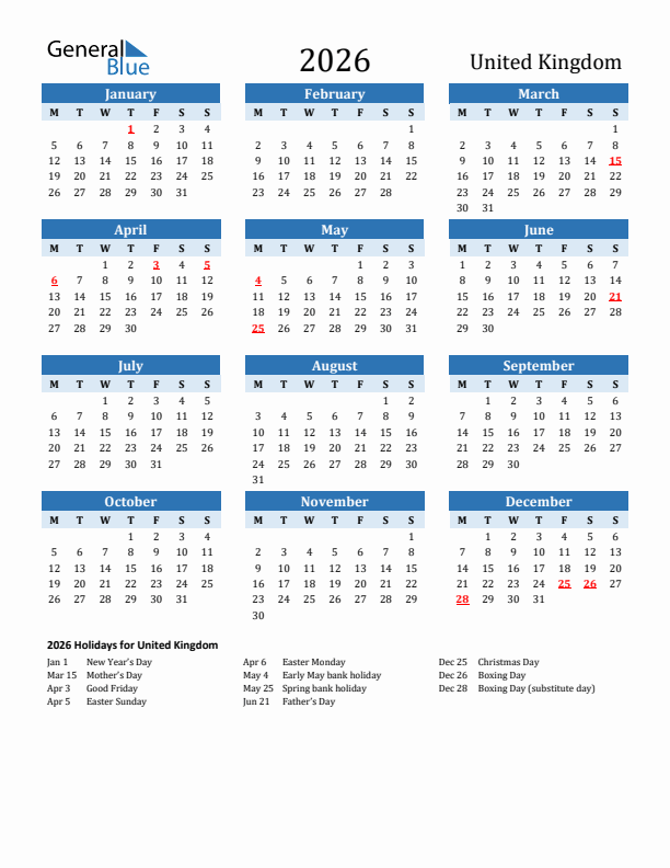 Printable Calendar 2026 with United Kingdom Holidays (Monday Start)