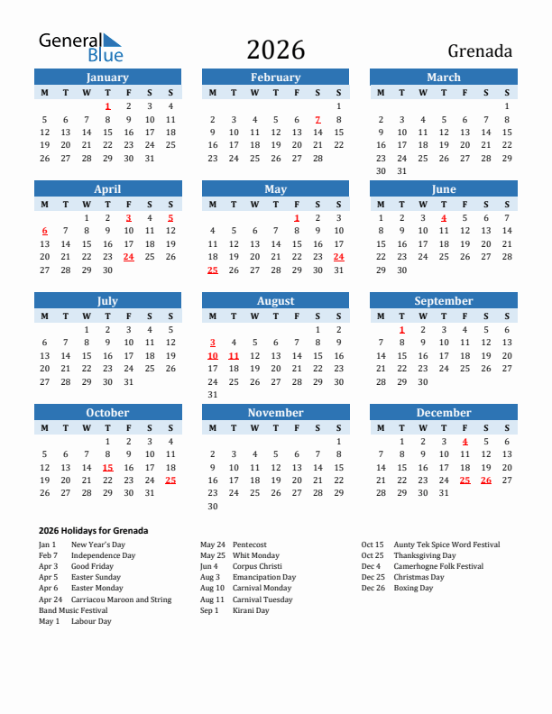 Printable Calendar 2026 with Grenada Holidays (Monday Start)