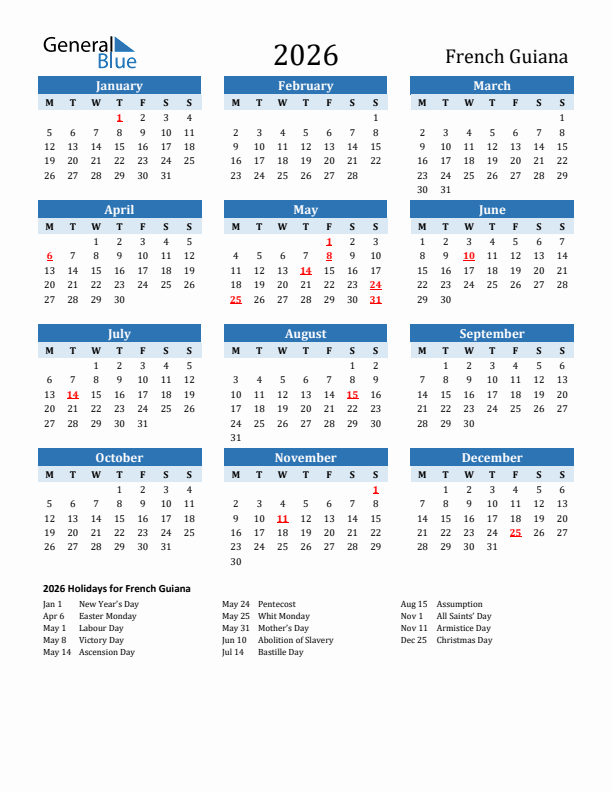 Printable Calendar 2026 with French Guiana Holidays (Monday Start)