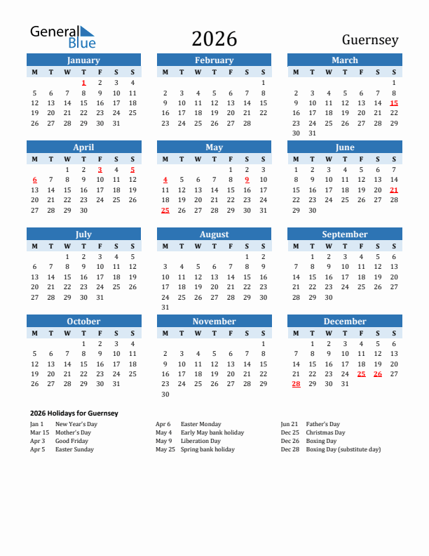 Printable Calendar 2026 with Guernsey Holidays (Monday Start)