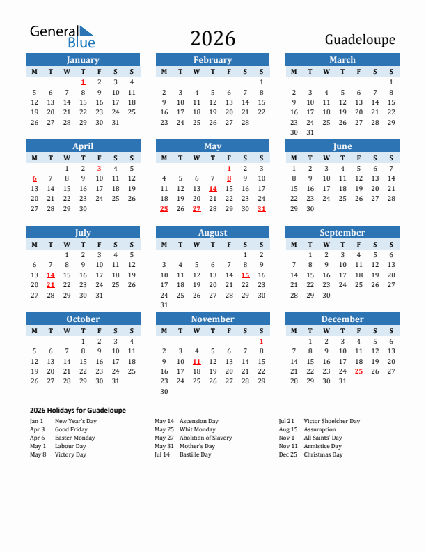 Printable Calendar 2026 with Guadeloupe Holidays (Monday Start)