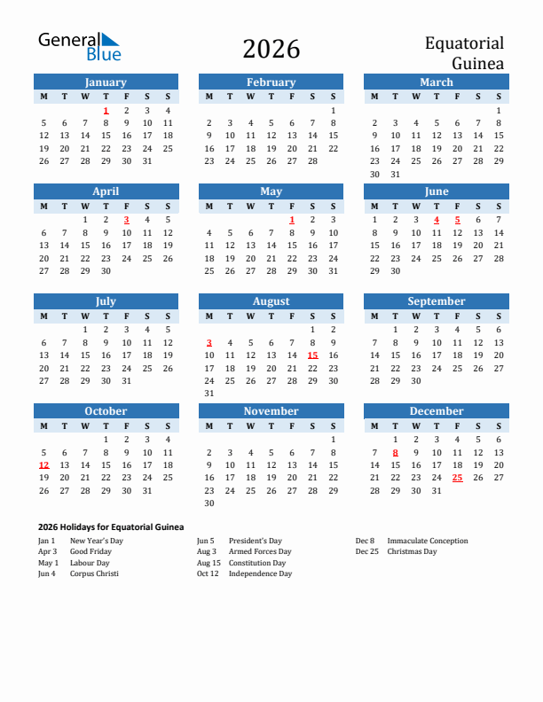 Printable Calendar 2026 with Equatorial Guinea Holidays (Monday Start)